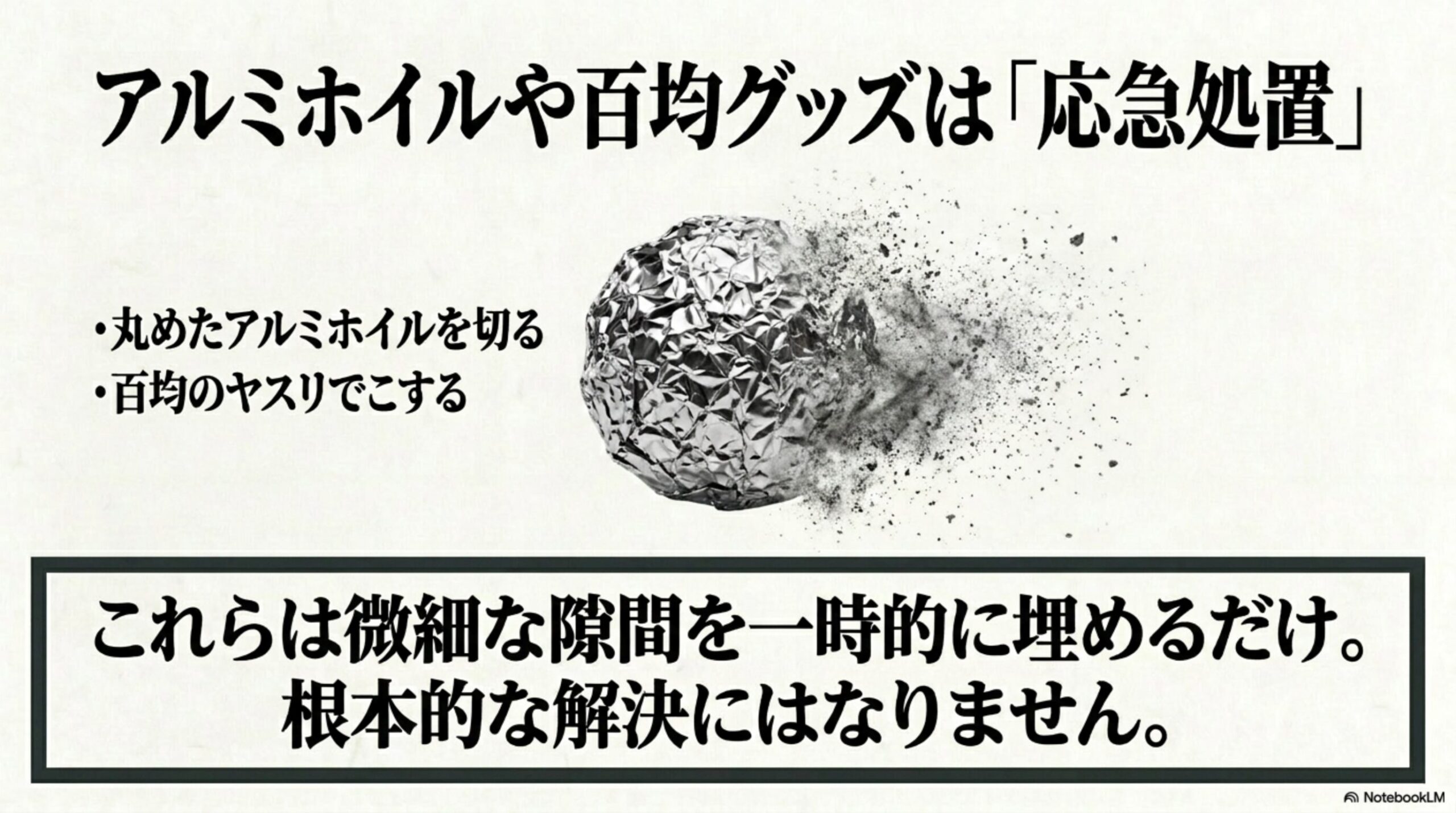アルミホイルや100均ヤスリによる応急処置とその限界 アルミホイルを切る裏ワザや100均のダイヤモンドヤスリでの応急処置は、刃先の微細な隙間を一時的に埋めているだけで、根本的な解決にならないことを説明したスライド画像。