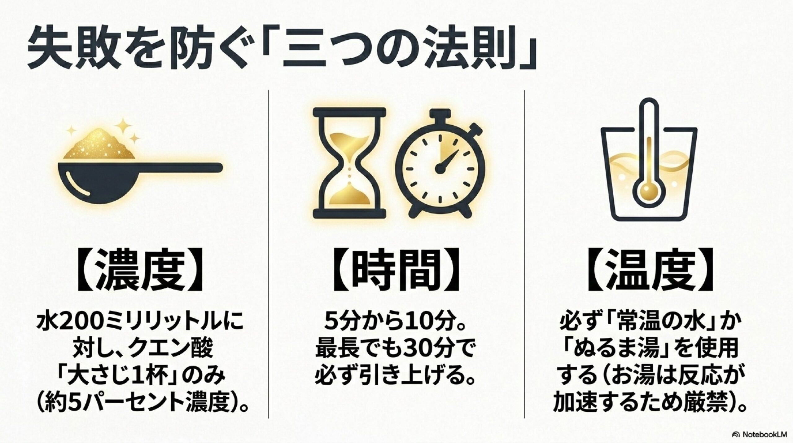 クエン酸サビ落としで失敗を防ぐ三つの法則 包丁サビ取り時のクエン酸濃度(約5%)、浸け置き時間(5〜10分、最長30分)、温度(常温かぬるま湯)の三つの法則