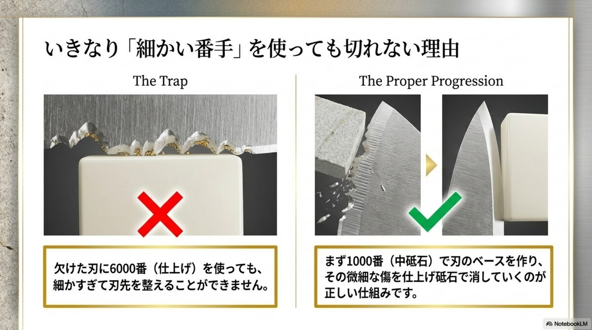 欠けた刃に細かい砥石だけを使っても切れ味が戻りにくい理由