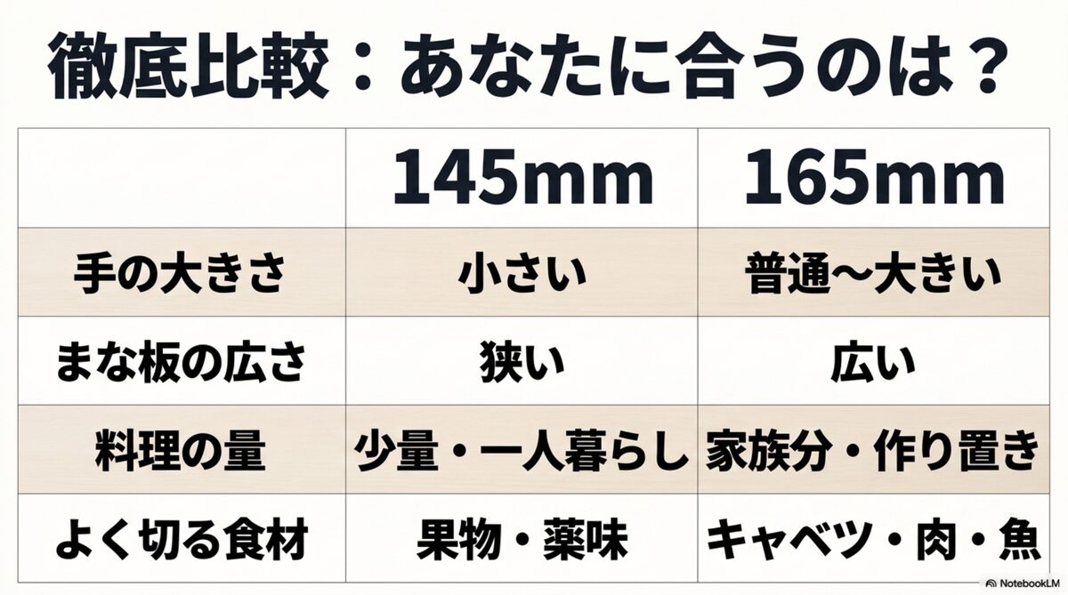 手の大きさや料理量で145mmと165mmを比較する表