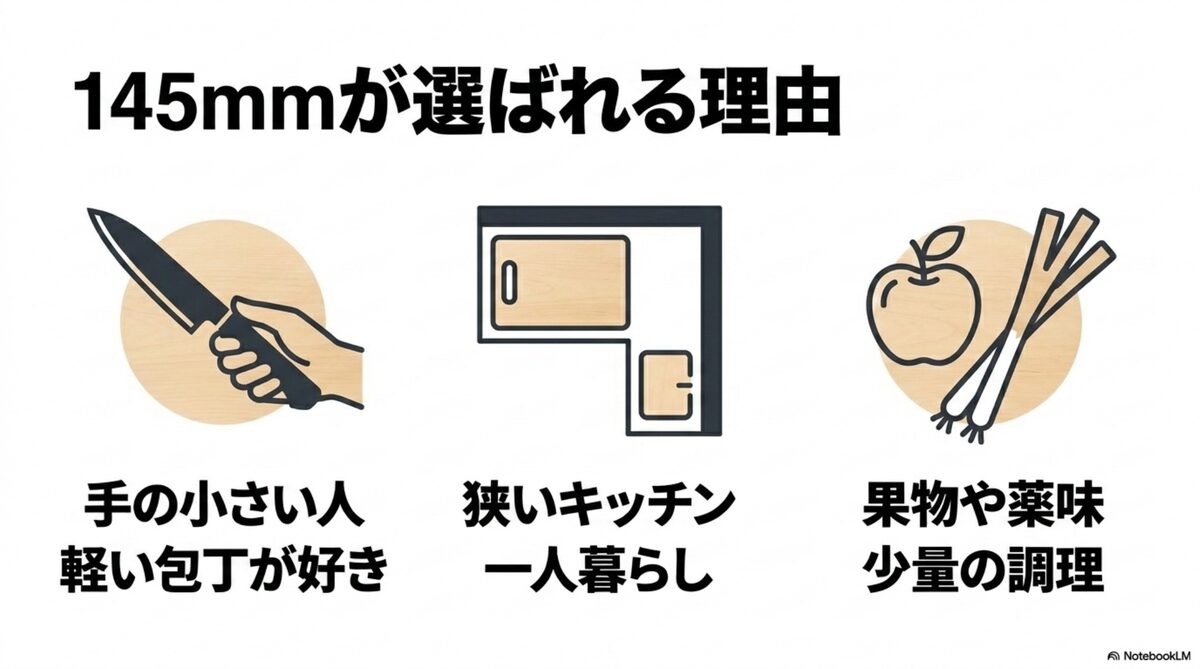 手が小さい人や狭いキッチンでは145mmの包丁が扱いやすい