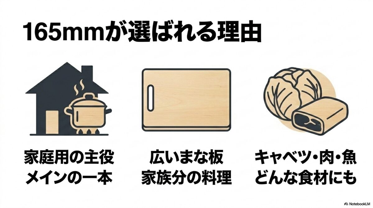 家庭用のメイン包丁なら165mmが幅広い食材に使いやすい