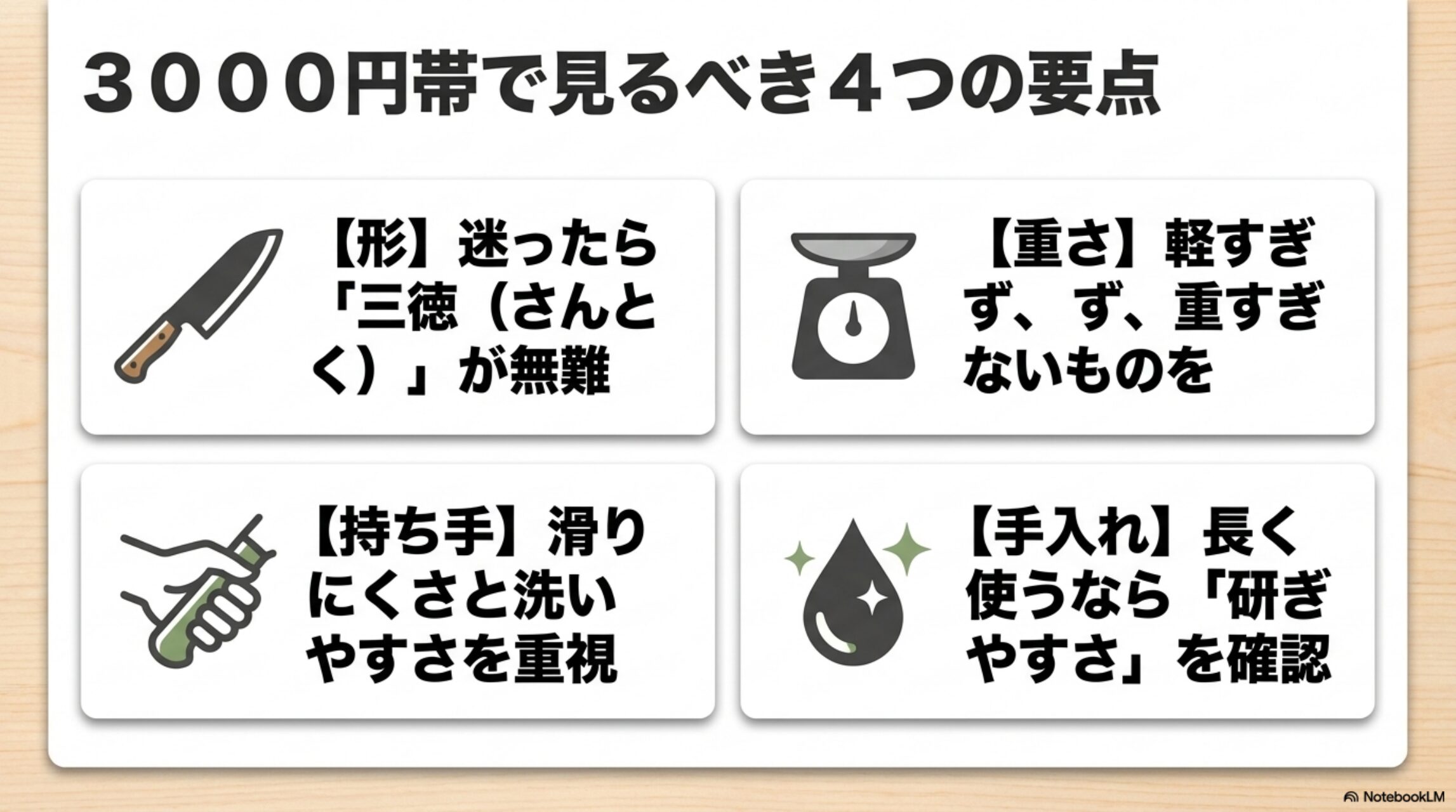 3000円帯の包丁で形重さ持ち手手入れを見るべきことを整理した図