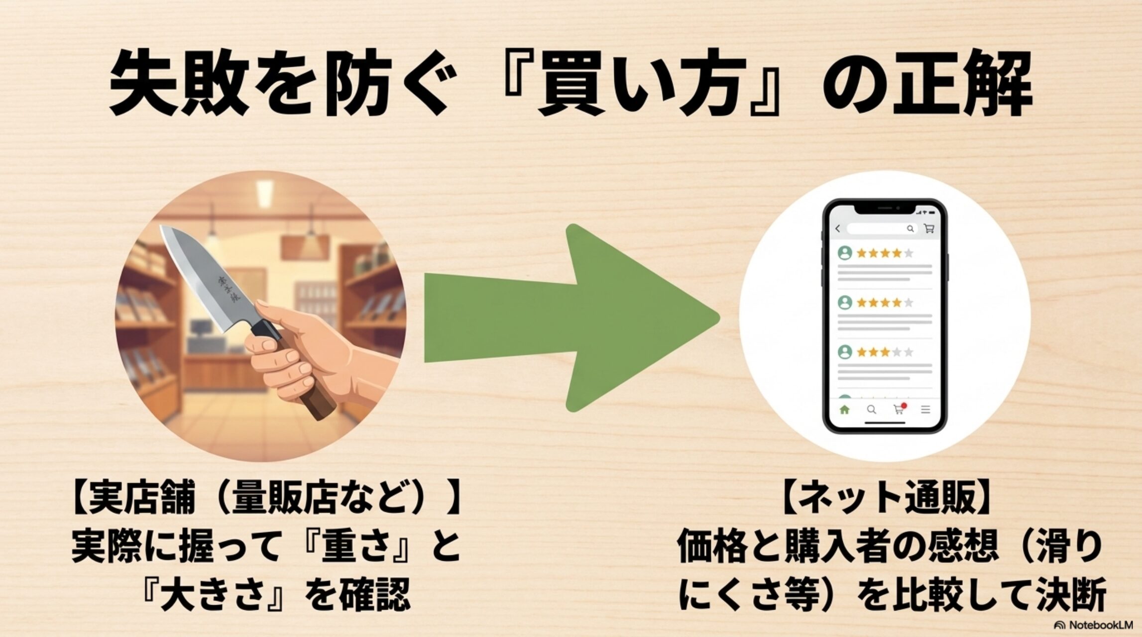 実店舗で重さを確認しネット通販で価格や口コミを比較する買い方を示す図