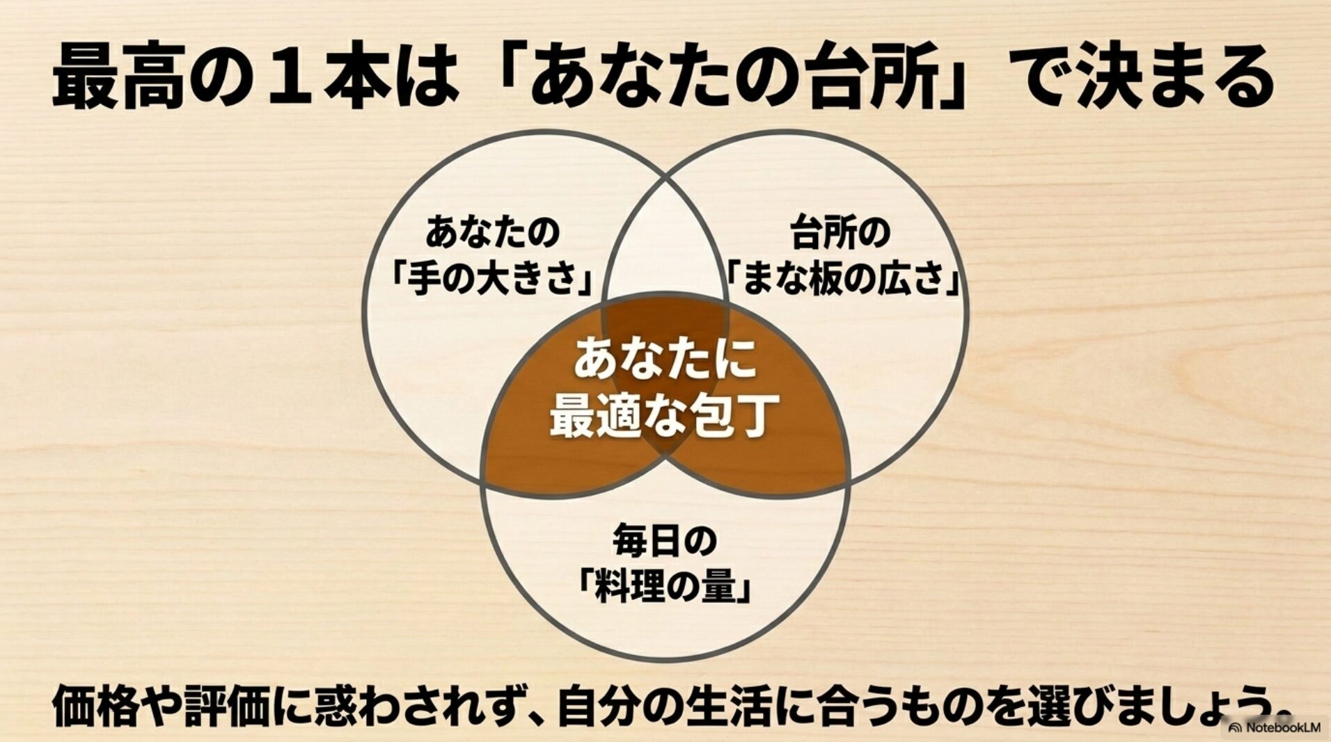 3000円包丁は手の大きさ台所の広さ料理量に合わせて選ぶことを示した図