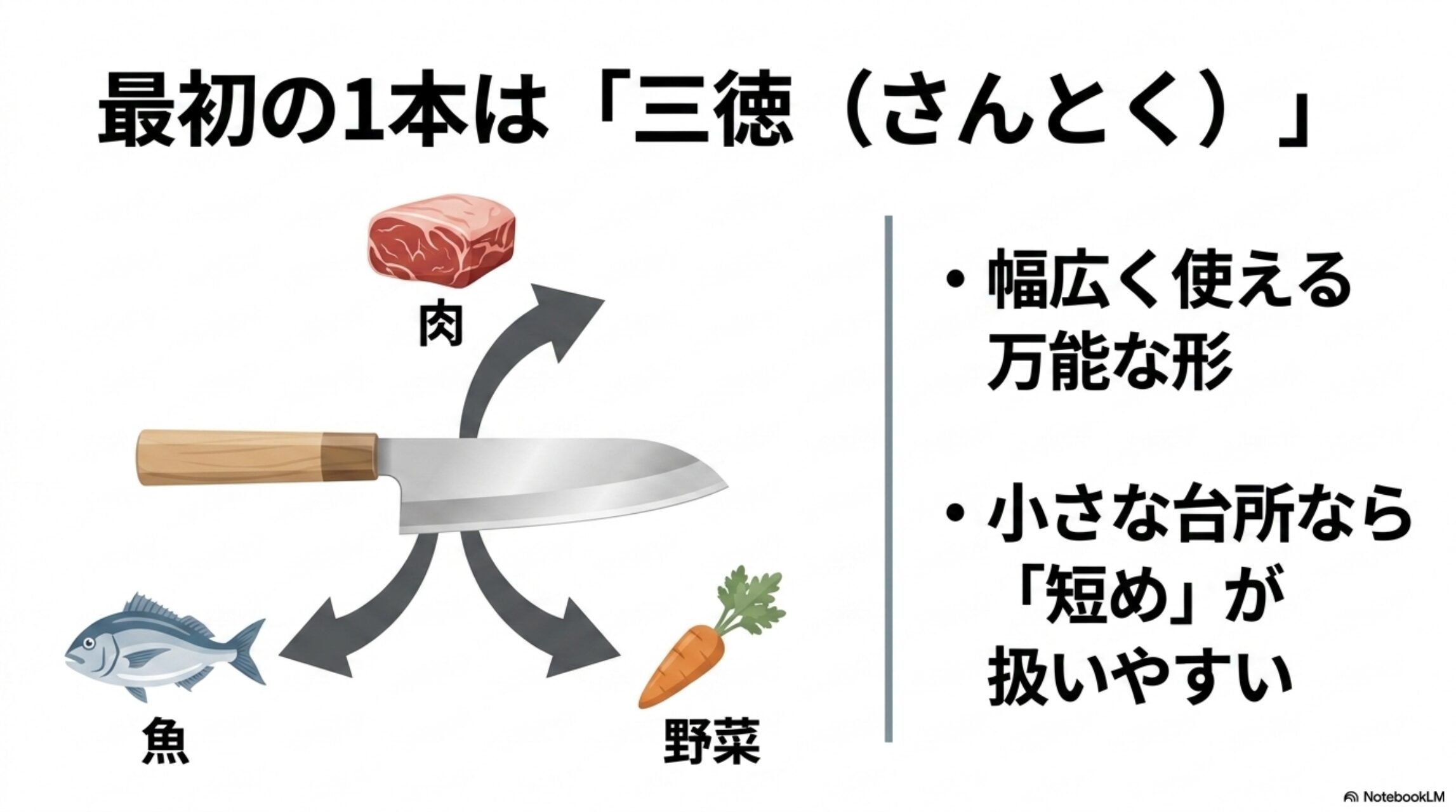 肉魚野菜に幅広く使える三徳包丁が最初の一本に向くことを説明した図