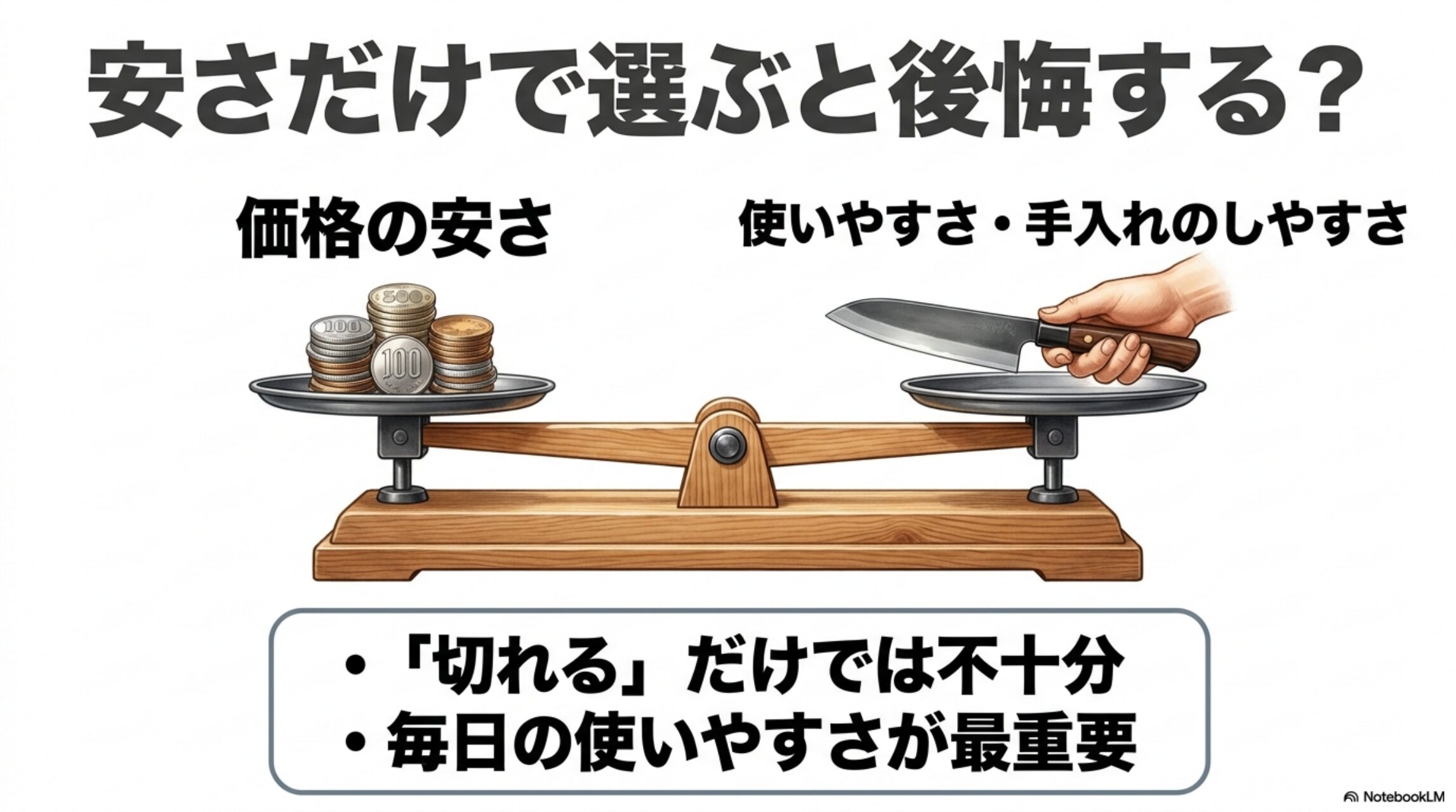 価格の安さだけでなく使いやすさと手入れのしやすさが重要なことを示す図