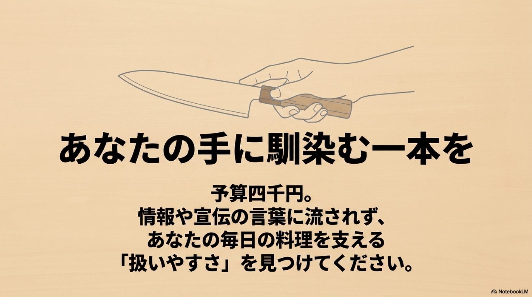 手に馴染む包丁を選ぶ 4000円の包丁は話題性ではなく自分の手に馴染む一本を選ぶことを示す図