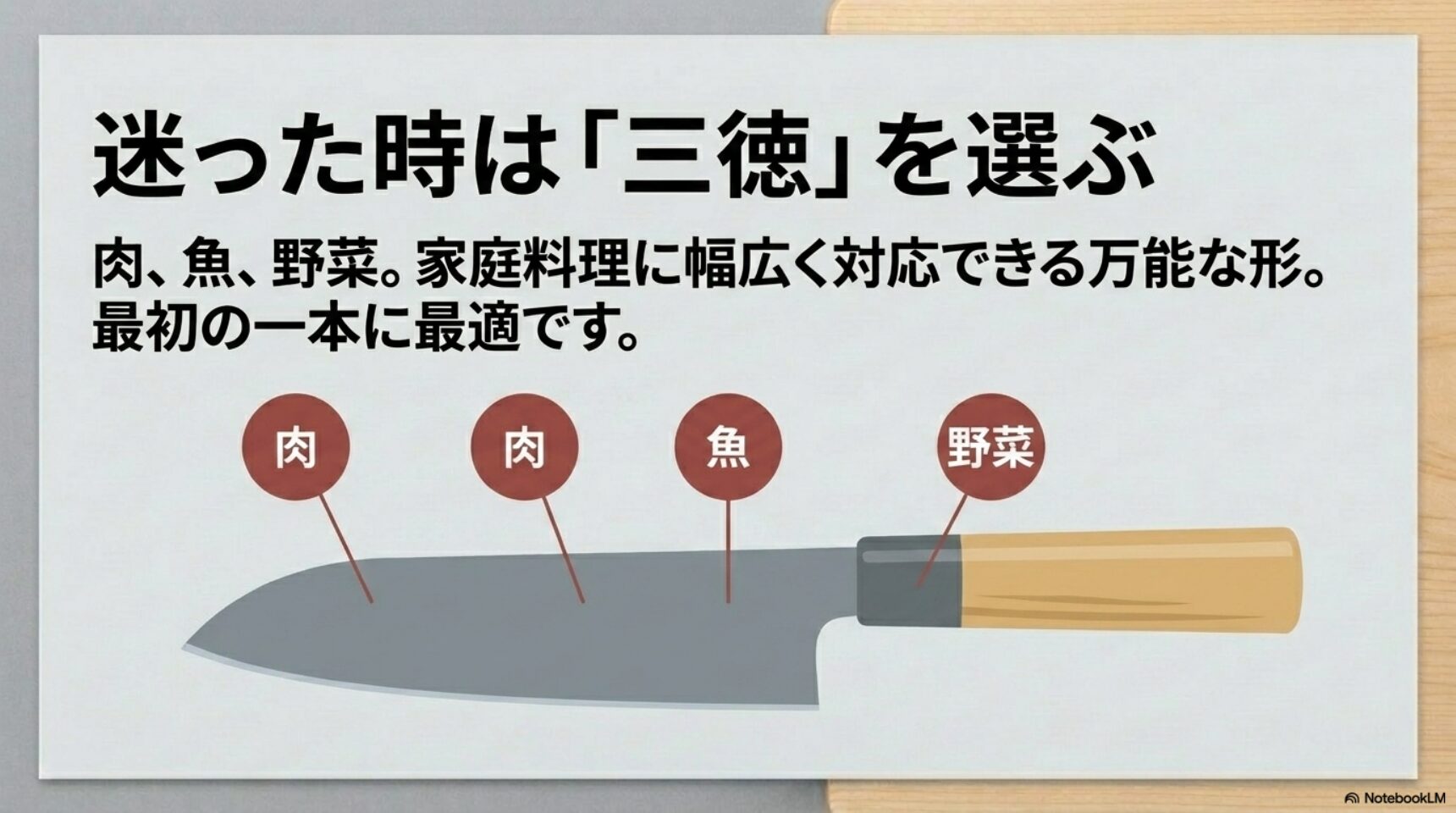 迷った時は三徳包丁 肉魚野菜に使える三徳包丁が家庭用の最初の一本に向くことを示す図