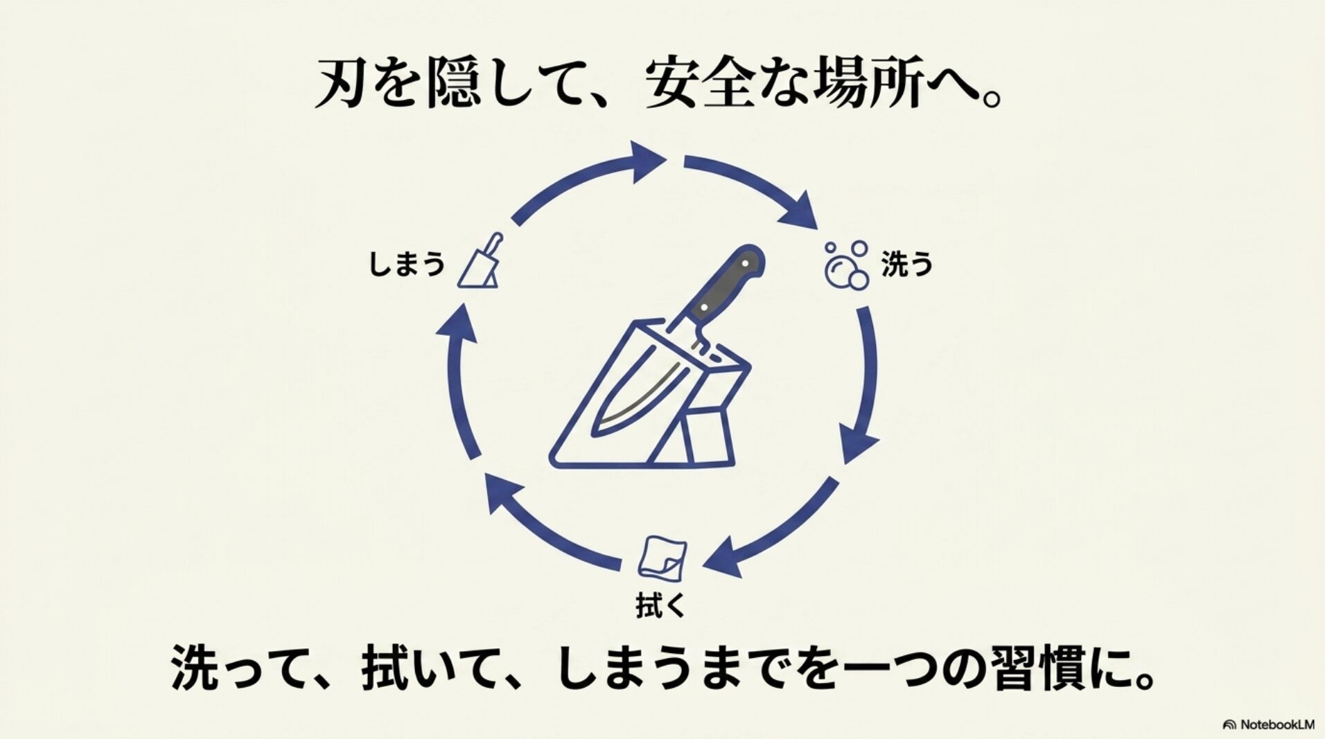 包丁は洗う拭くしまうまでを一つの習慣にすることを示す図