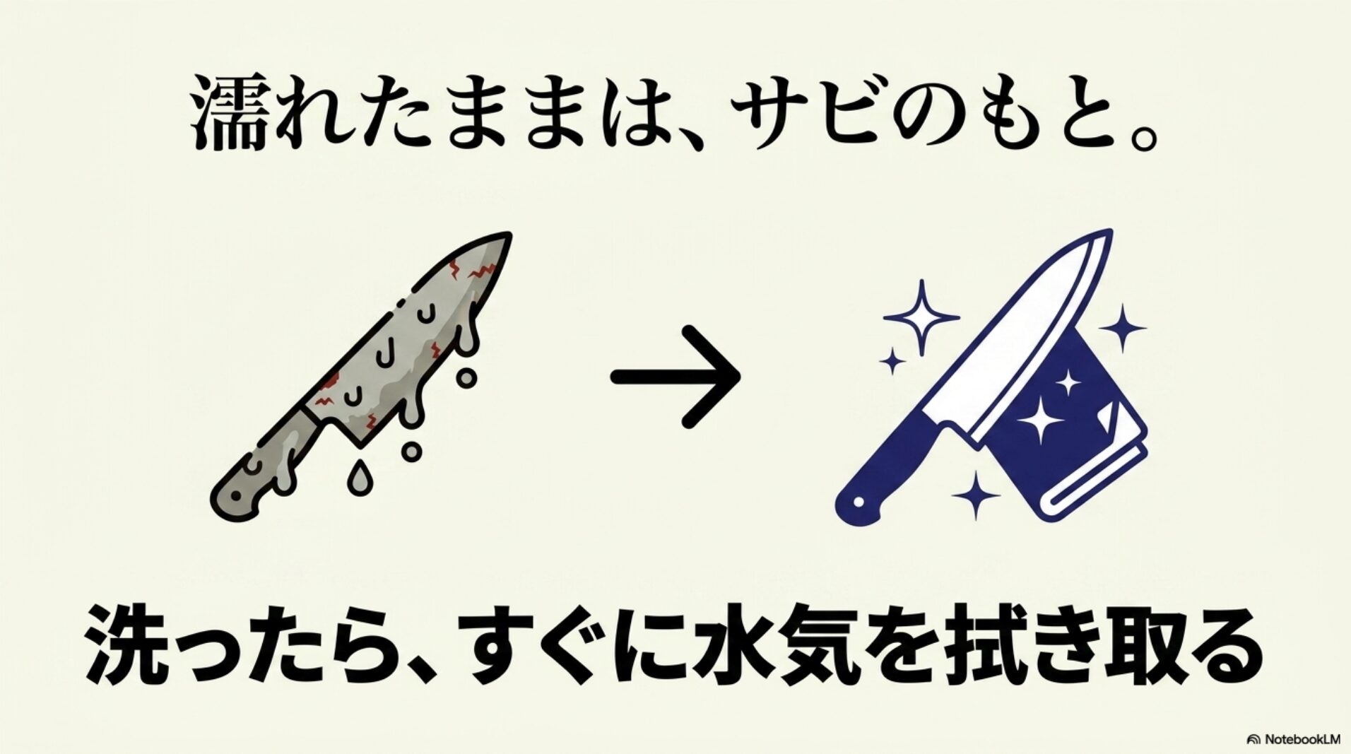濡れた包丁はサビの原因になるため洗ったらすぐ水気を拭き取ることを示す図