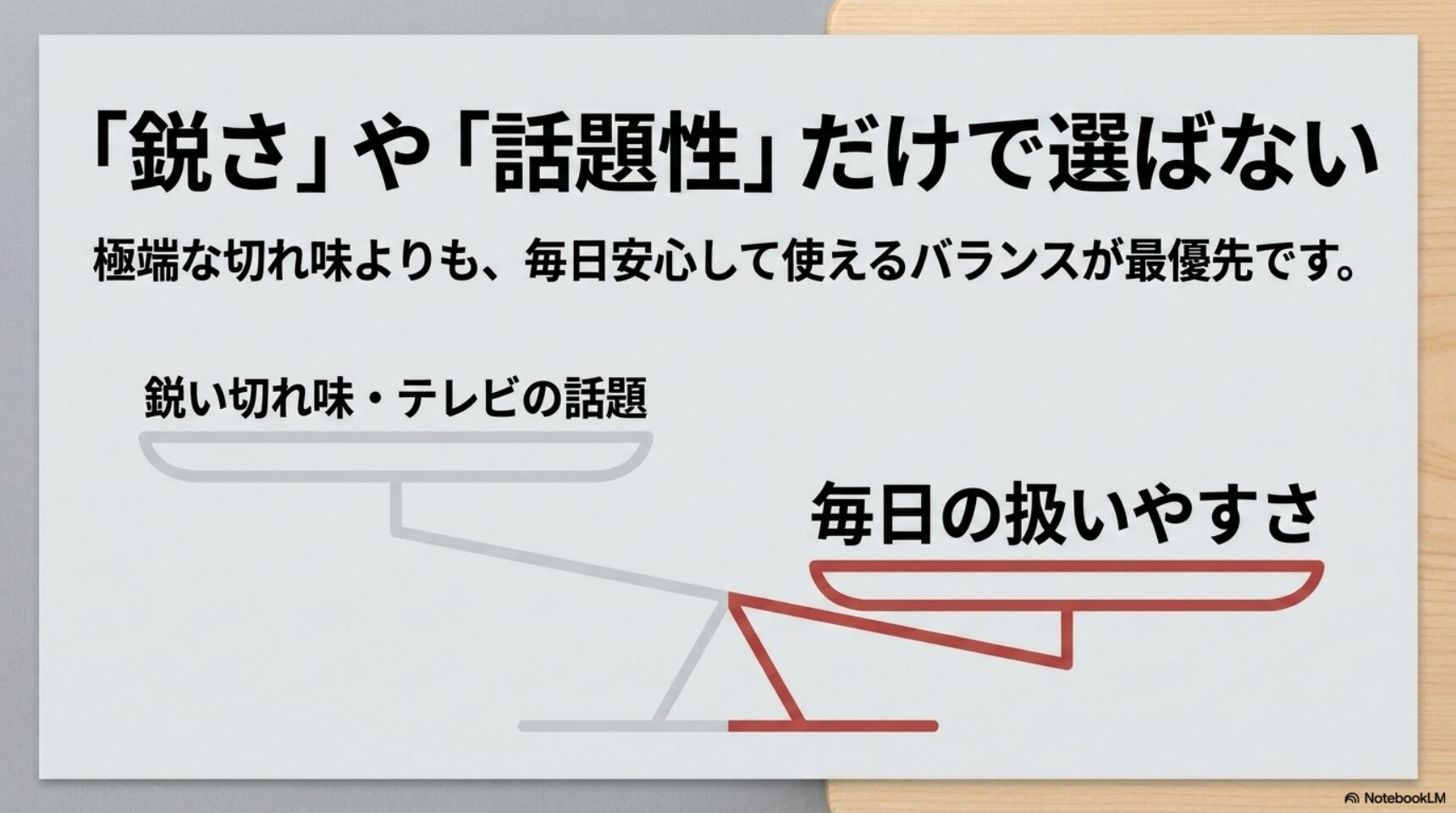 鋭さや話題性だけで選ばない 包丁は鋭さやテレビの話題性だけでなく毎日の扱いやすさで選ぶことを示す図