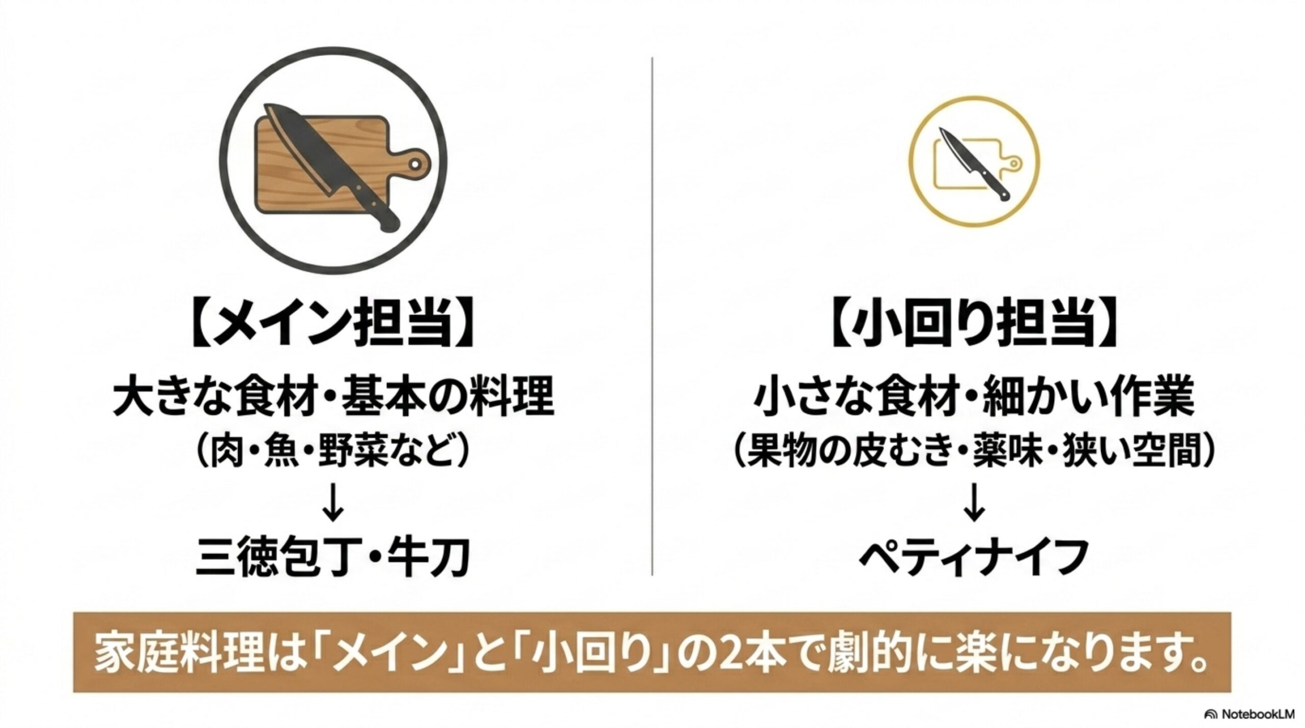 三徳包丁や牛刀はメイン担当でペティナイフは小回り担当と示した比較図