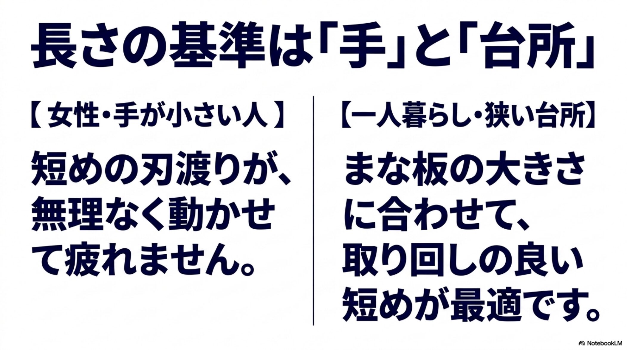 女性や手が小さい人や一人暮らしでは手と台所に合う刃渡りを選ぶことを示す図