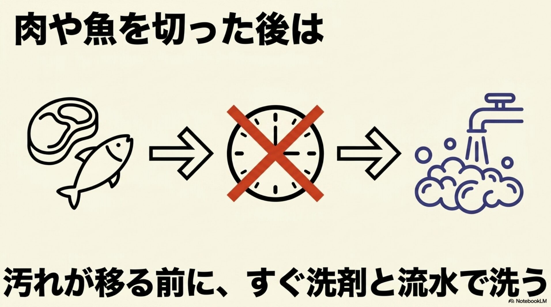 肉や魚を切った包丁は汚れが移る前に洗剤と流水で洗うことを示す図