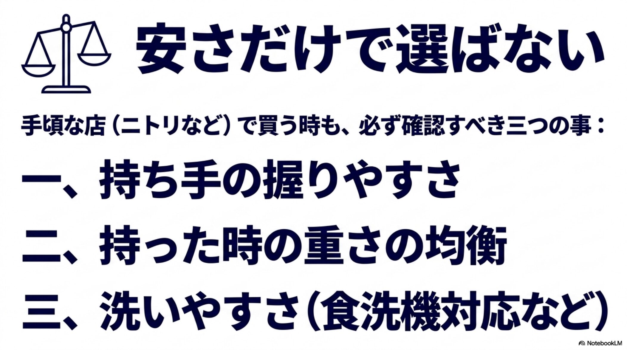 ニトリなどで包丁を買う時も握りやすさ重さ洗いやすさを確認することを示す図