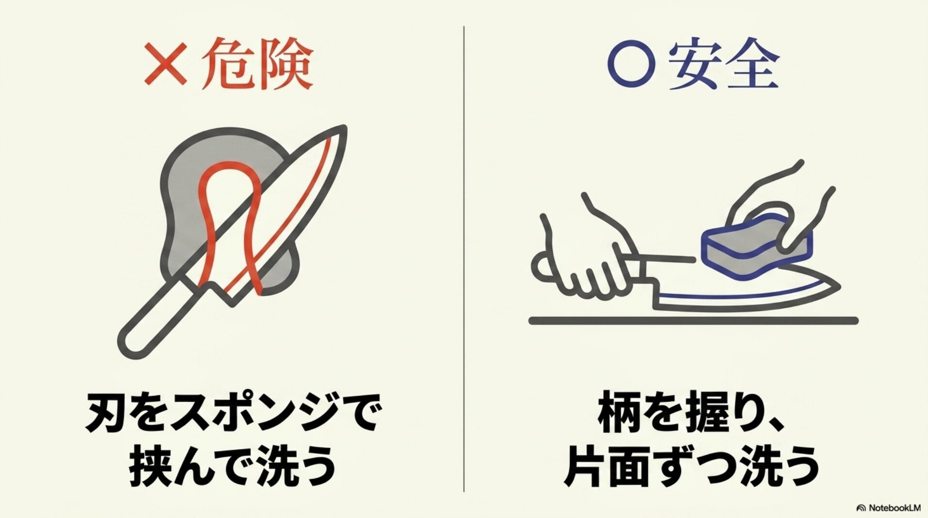 包丁をスポンジで挟む危険と柄を握って片面ずつ洗う安全な方法を示す図