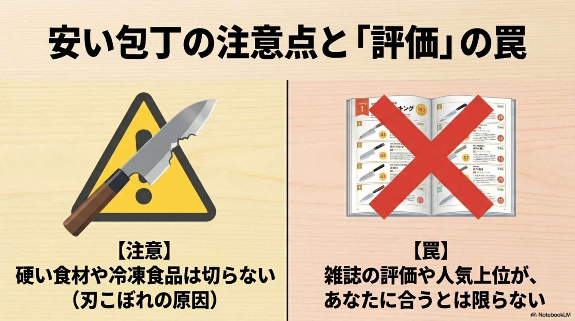 安い包丁では硬い食材を避け評価やランキングを鵜呑みにしない注意点を示す図