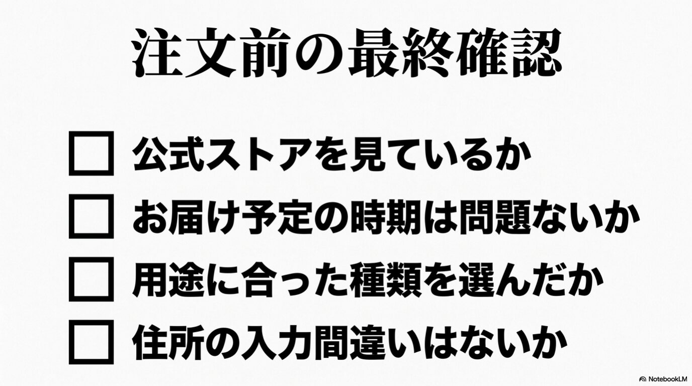 KISEKI包丁を注文する前に公式ストア、納期、種類、住所入力を確認するチェックリスト
