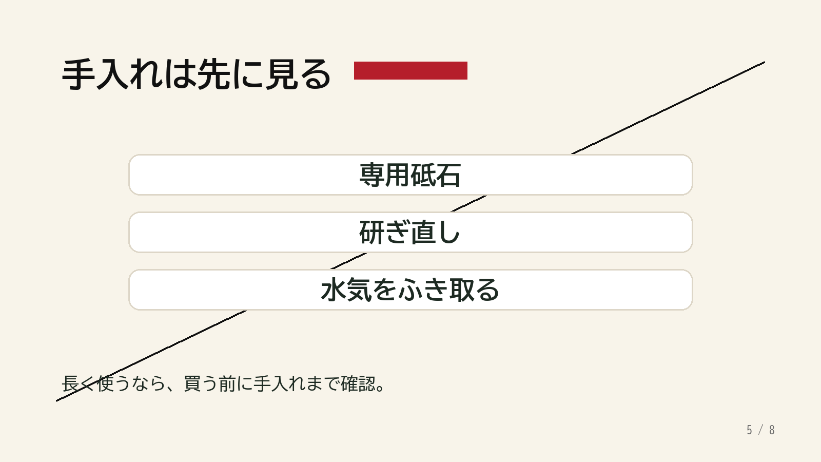 KISEKI包丁を長く使うために専用砥石や研ぎ直しを確認するスライド