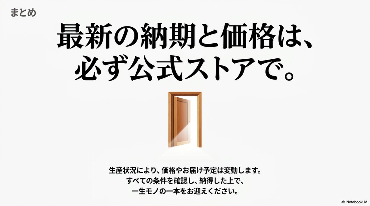 KISEKI包丁の最新納期と価格は公式ストアで確認することを伝えるスライド
