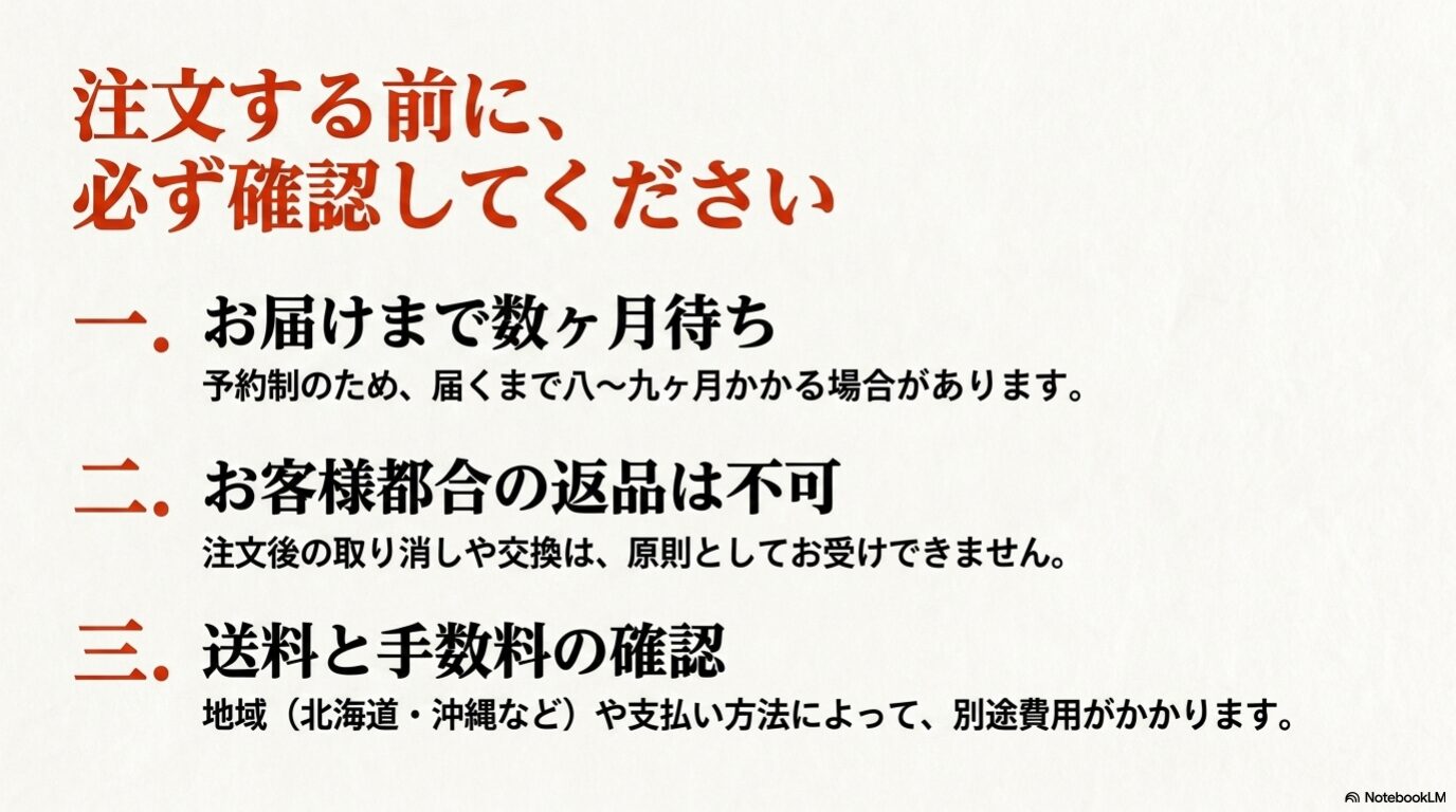 KISEKI包丁の購入前注意点 KISEKI包丁の納期、返品不可、送料や手数料を購入前に確認する注意点