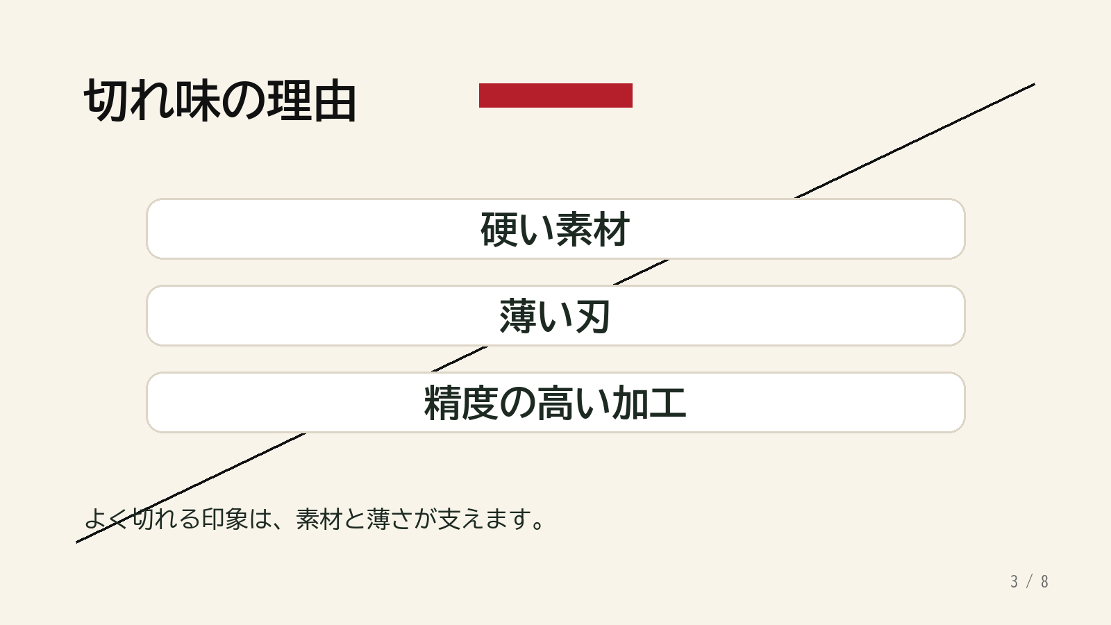 KISEKI包丁の切れ味を支える硬い素材と薄い刃と高精度加工を示すスライド