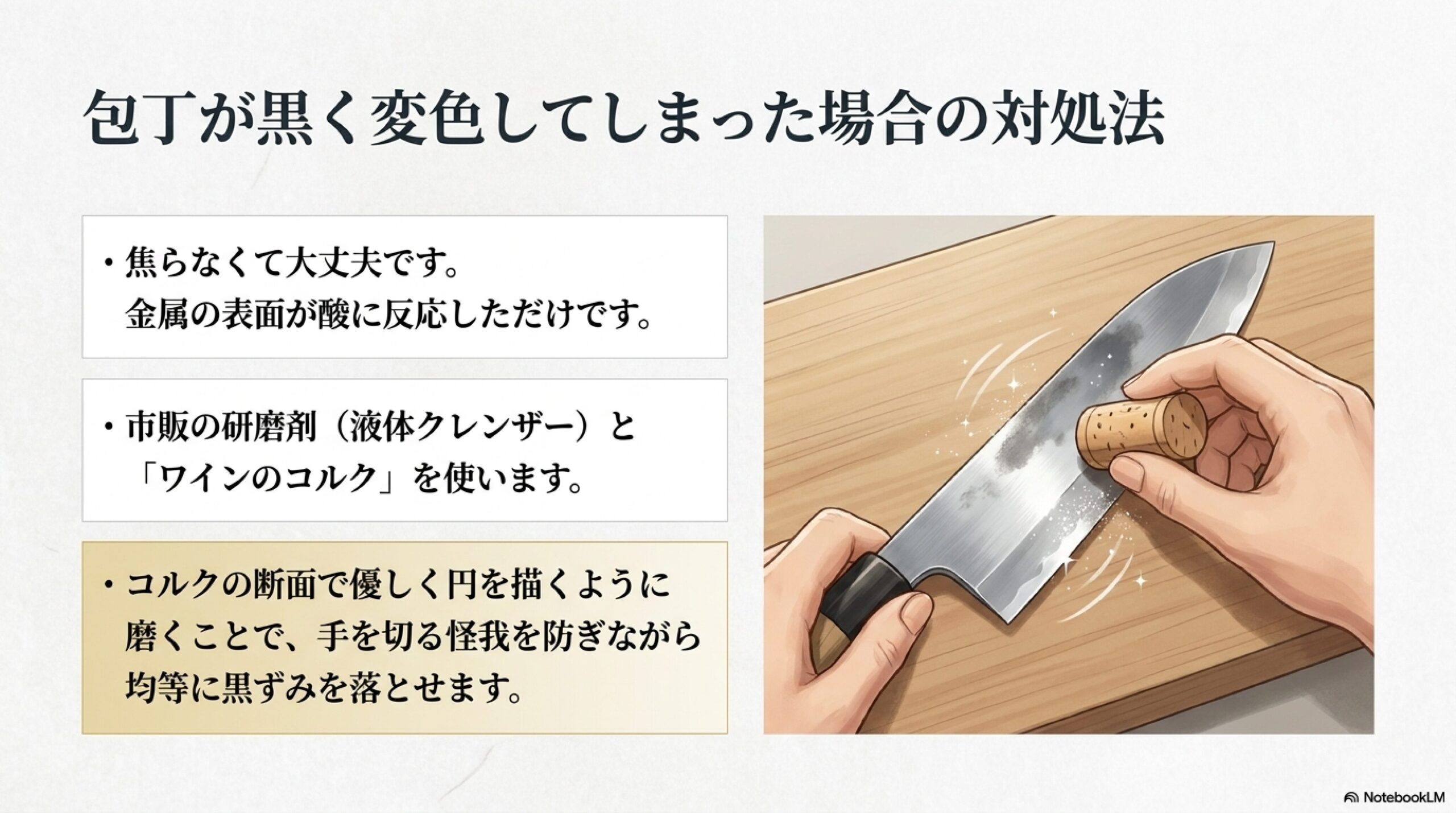 クエン酸で包丁が黒ずみ変色した時の対処法 クエン酸で酸化変色した包丁の黒ずみを液体クレンザーとワインのコルクを使い安全にこすり落とす対処法スライド