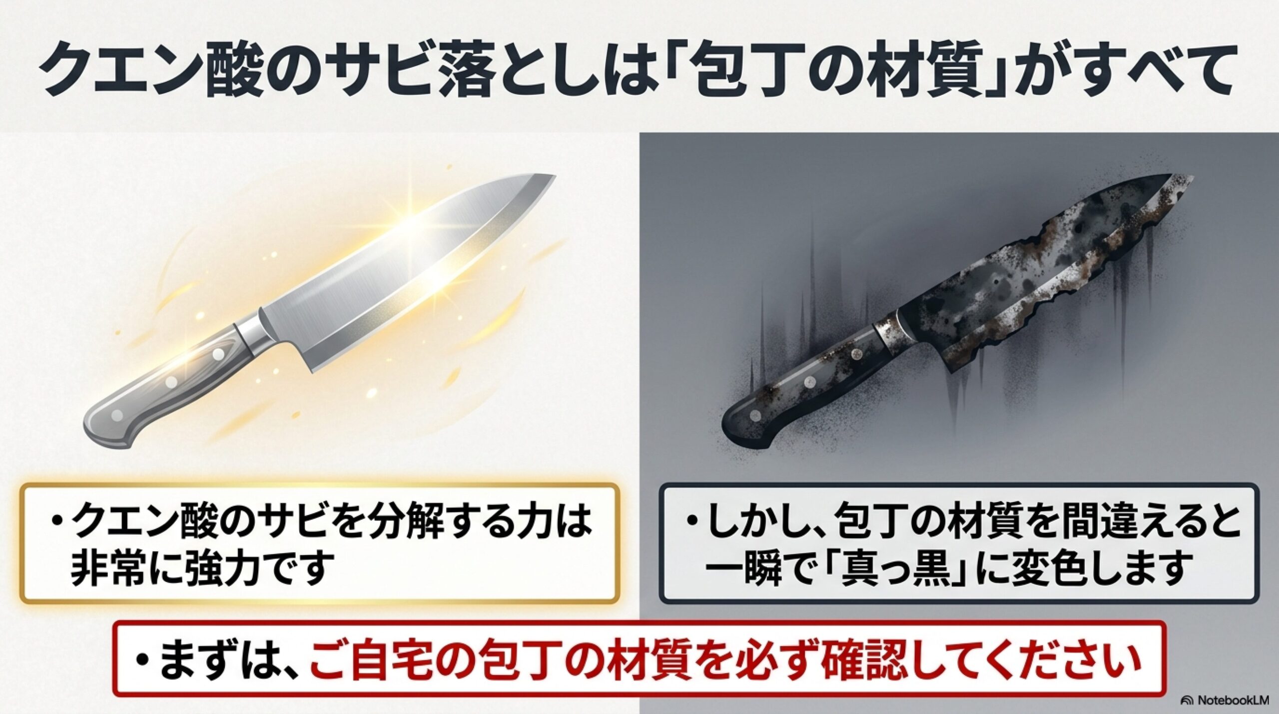 クエン酸サビ落としにおける包丁の材質の重要性 ステンレス包丁と鋼包丁におけるクエン酸サビ落としの向き不向きと材質確認を促す解説スライド