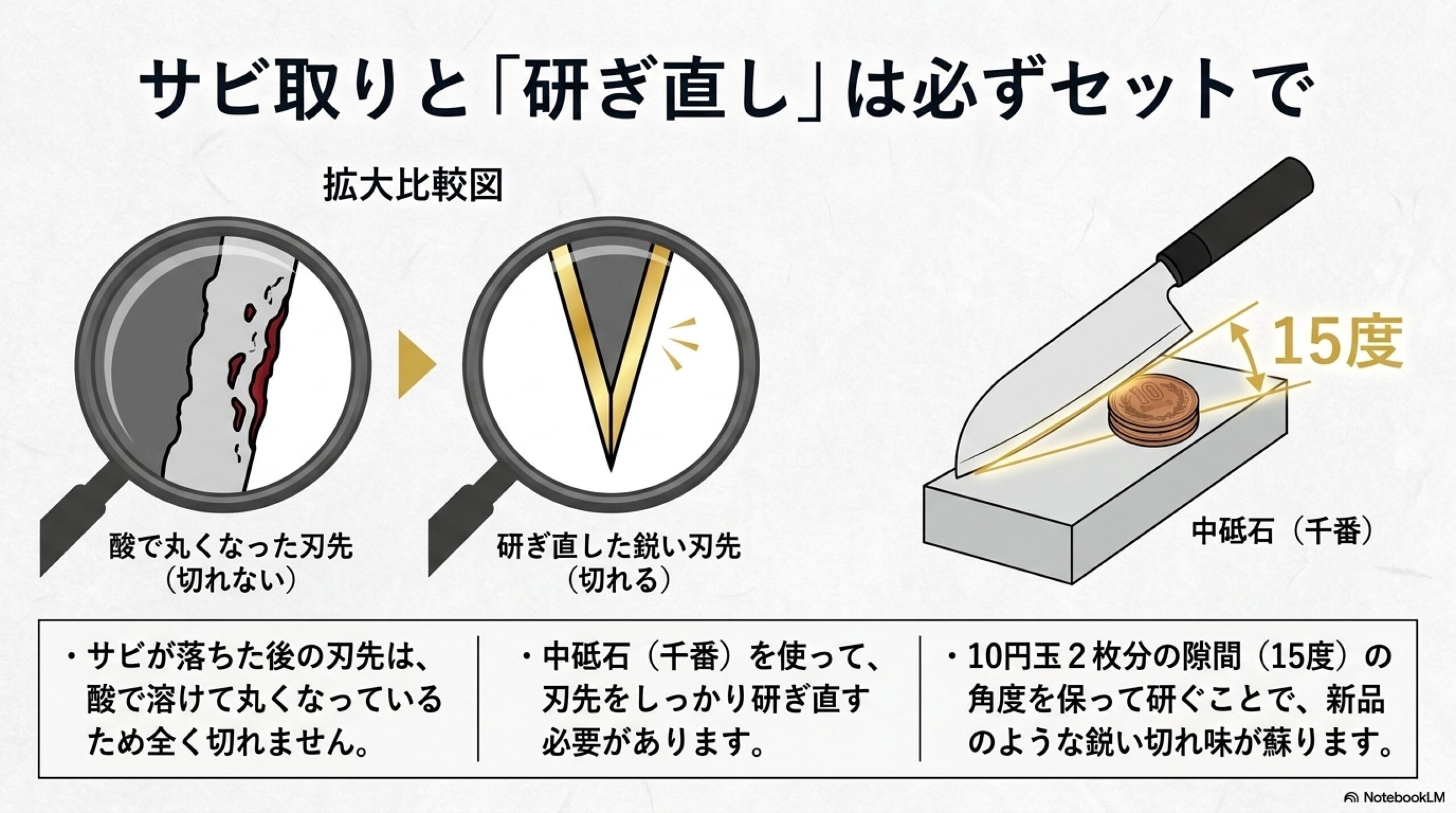 包丁サビ取り後の砥石を使った正しい研ぎ直し サビ取り後に酸で丸くなった刃先を中砥石で10円玉2枚分(15度)の角度を維持して研ぎ直す手順の解説スライド