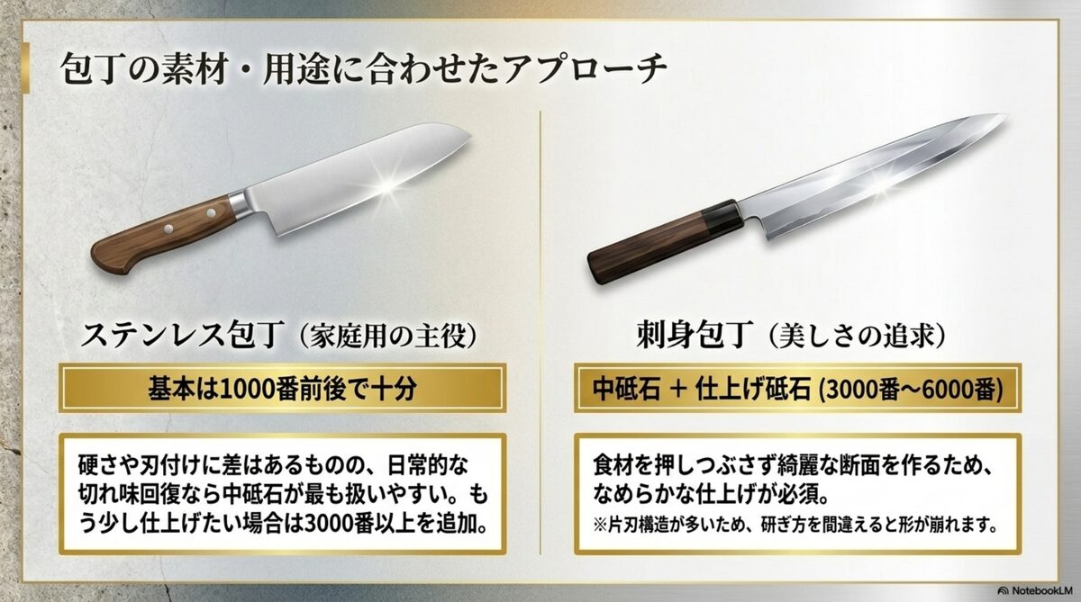 ステンレス包丁と刺身包丁で砥石番手を使い分ける考え方