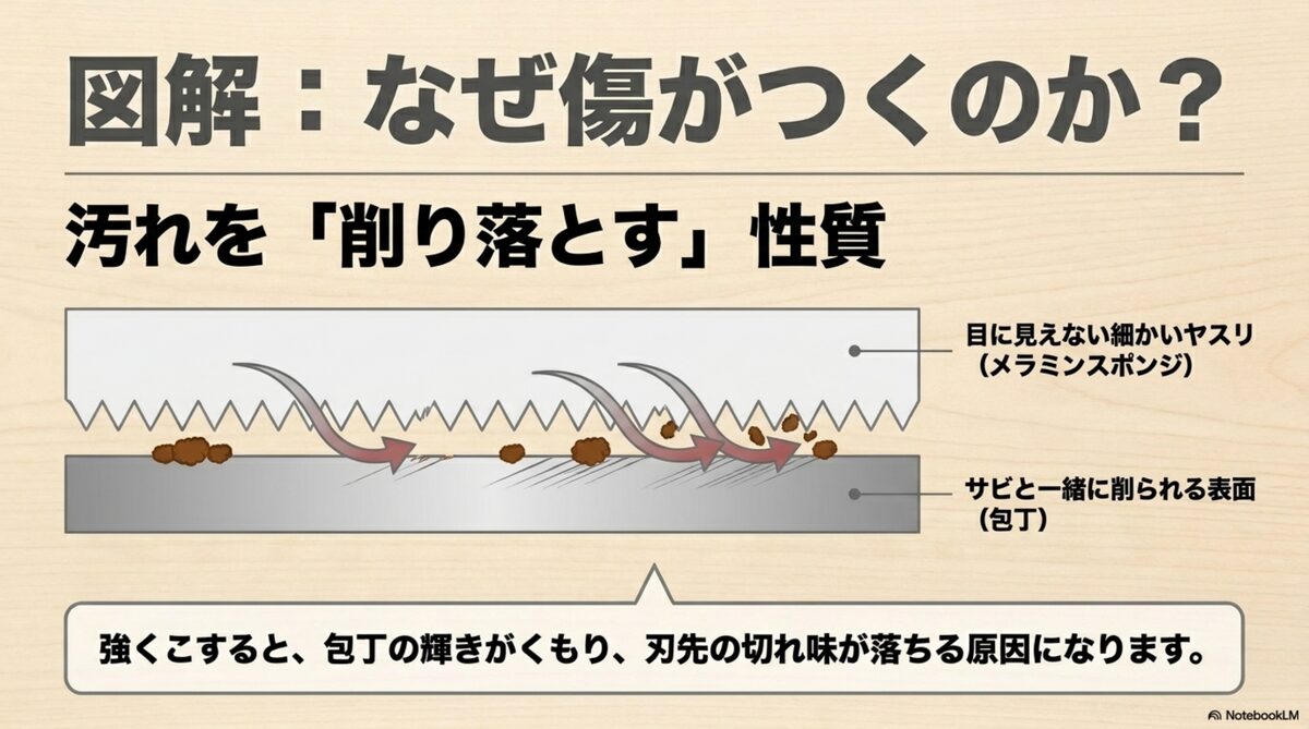 メラミンスポンジが汚れを削り落とす仕組みの図解