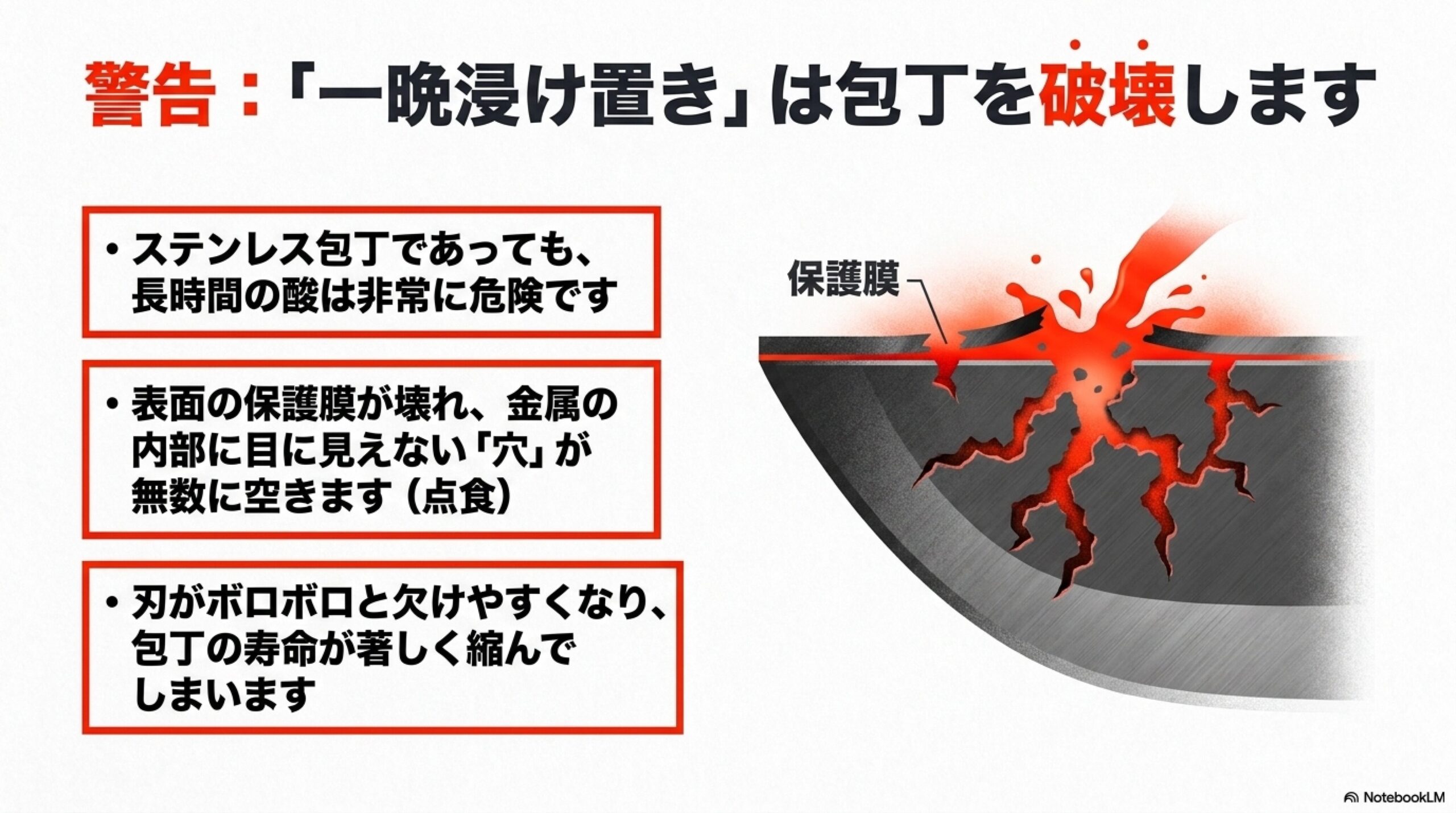 包丁を一晩クエン酸に浸け置きする危険性と点食 ステンレス包丁を一晩酸に浸けることで表面の保護膜が壊れ内部に目に見えない穴が空く点食の警告スライド