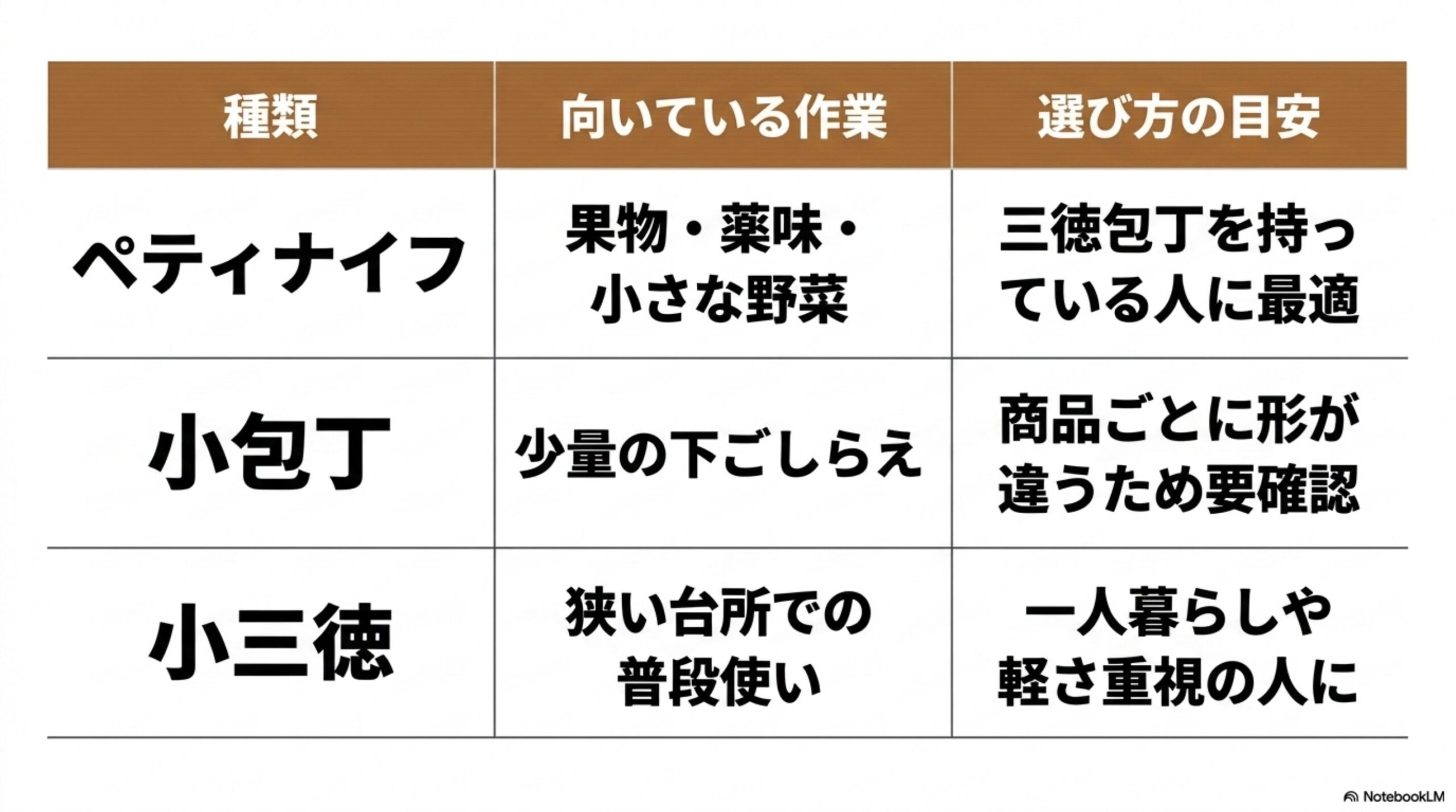 ペティナイフ小包丁小三徳の向いている作業と選び方を比較した表