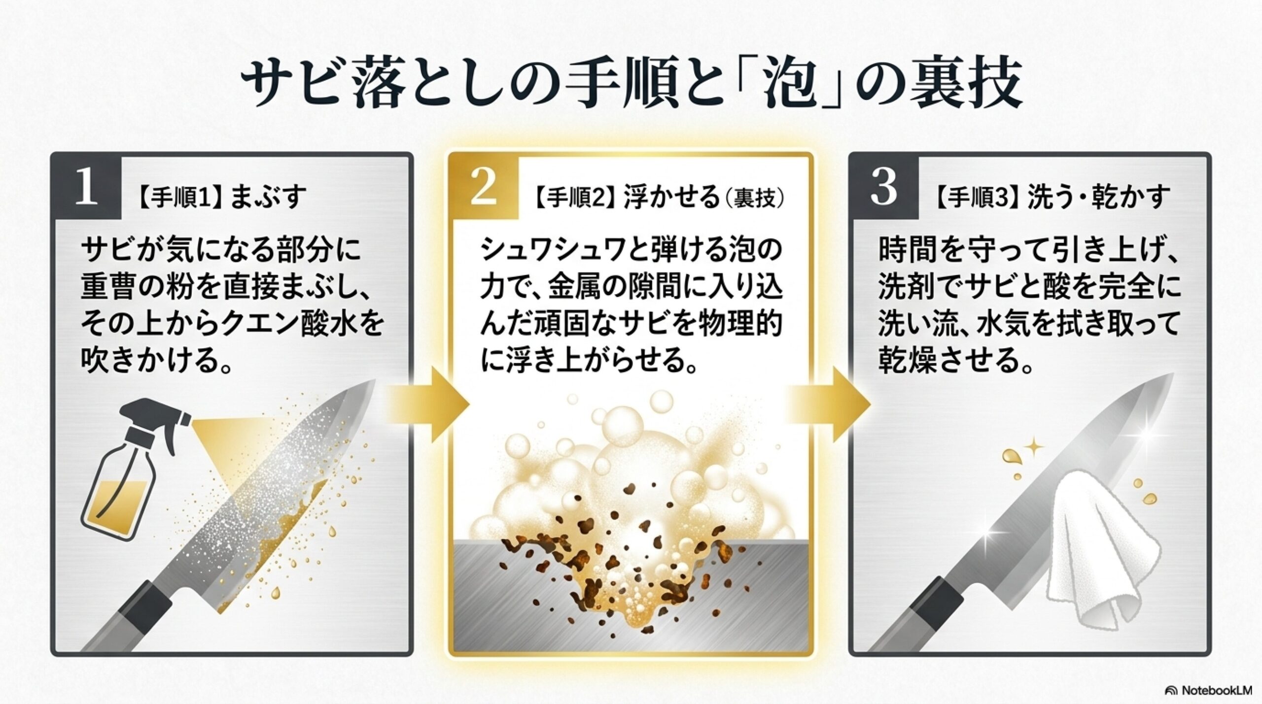重曹とクエン酸を混ぜる泡のサビ落とし手順 重曹をまぶしてクエン酸水を吹きかけて泡を発生させ包丁のサビを浮かせて落とす3ステップ解説スライド