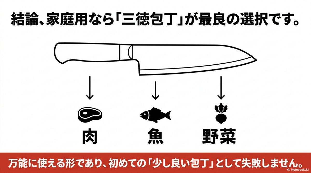 肉魚野菜に使いやすい三徳包丁は家庭用の最初の一本に向く