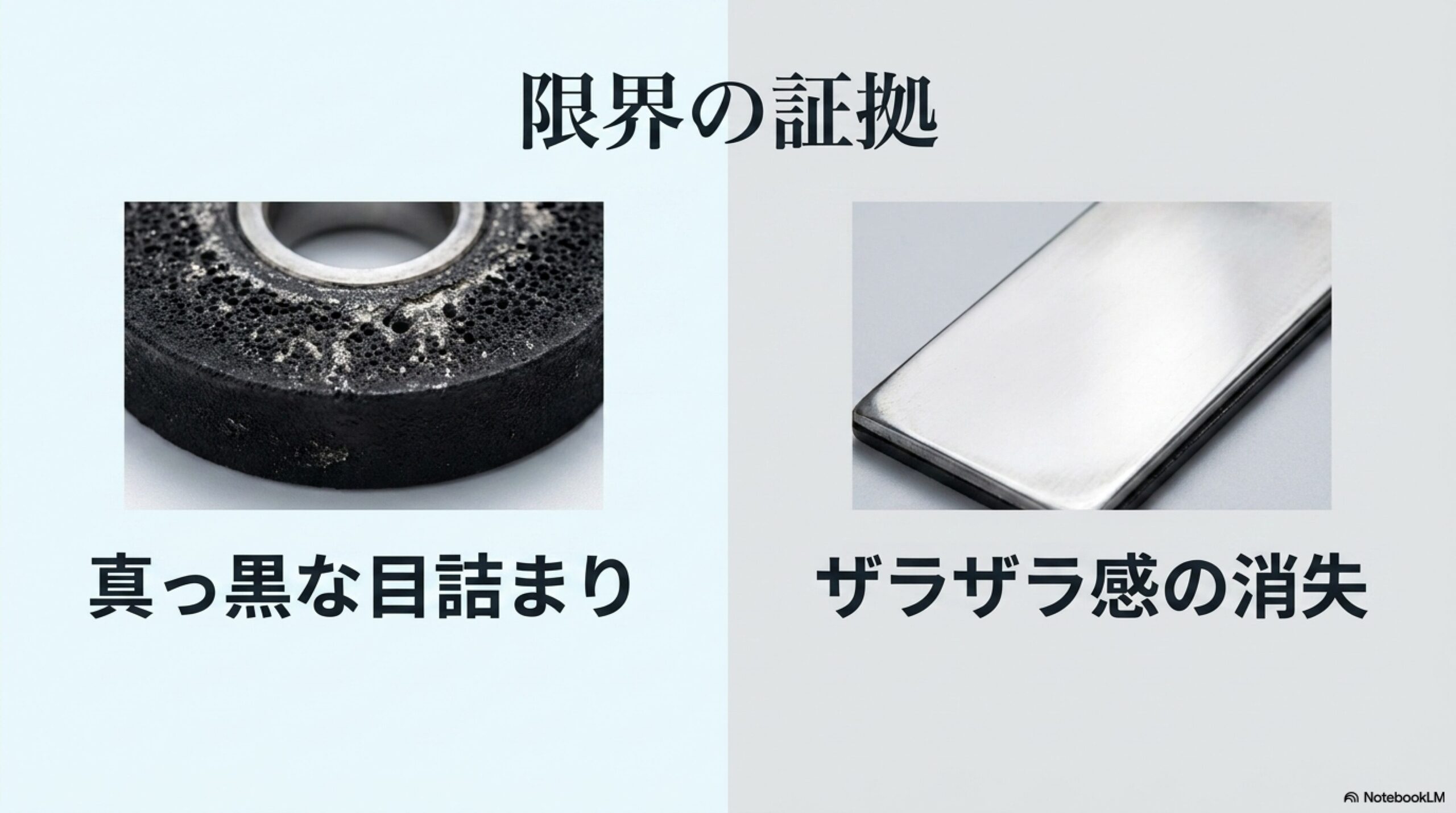 研ぎ器限界の証拠（真っ黒な目詰まり・ザラザラ感の消失）