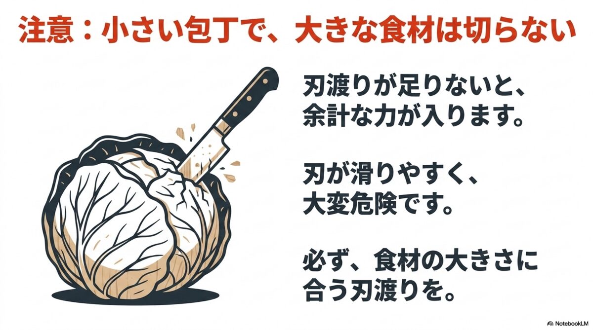 小さい包丁で大きな食材を切ると危ない場合がある注意喚起