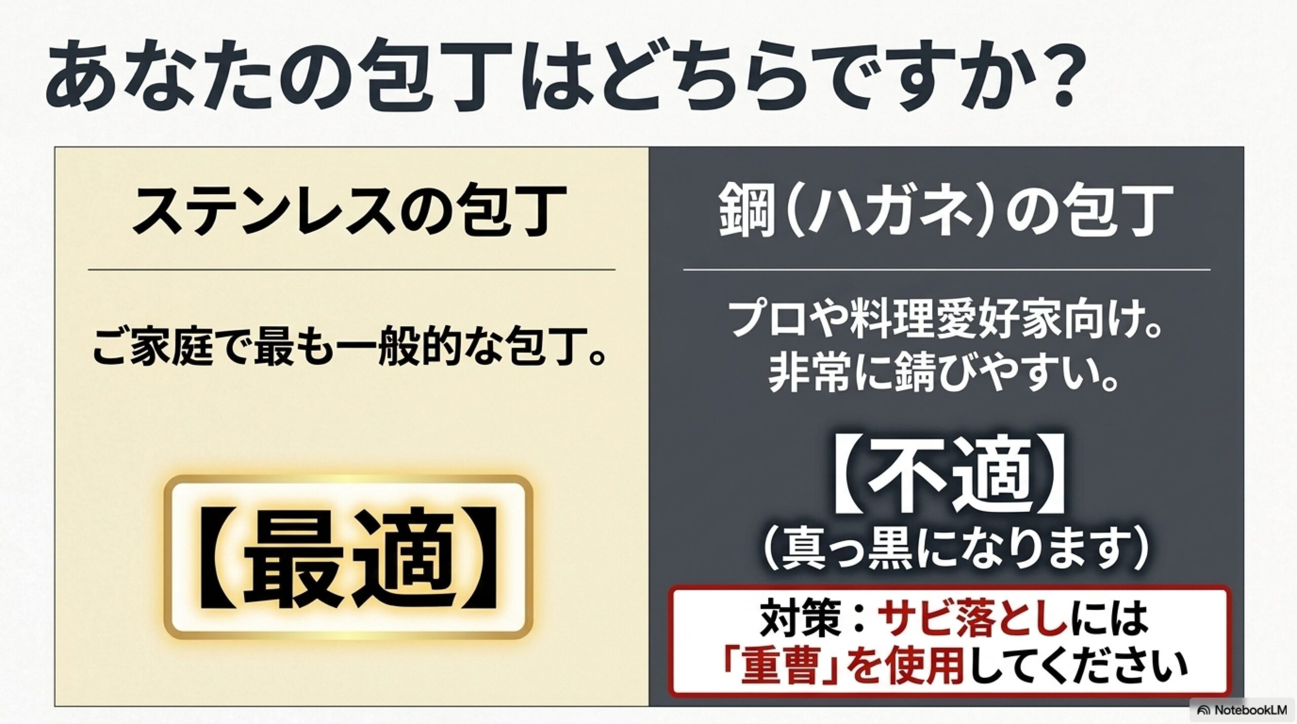 ステンレス包丁と鋼包丁のクエン酸適性比較 クエン酸サビ落としに最適なステンレス包丁と不適(黒くなる)で重曹が推奨される鋼包丁の比較スライド