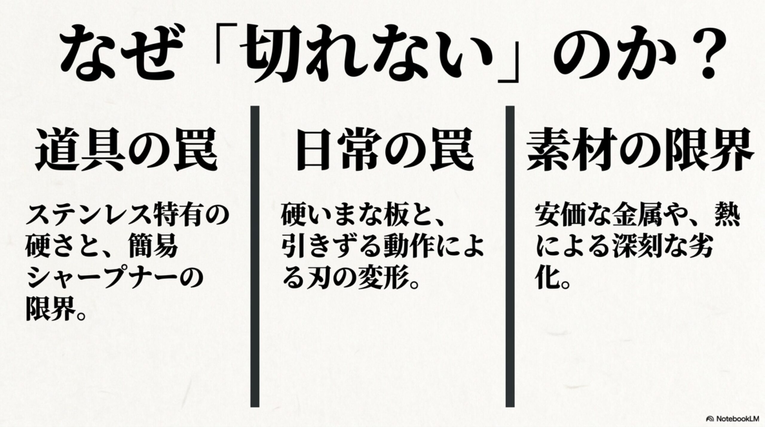 包丁が切れない3つの罠(道具の罠、日常の罠、素材の限界) 包丁が切れない原因として、ステンレス特有の硬さや簡易シャープナーの限界(道具の罠)、硬いまな板や引きずり動作(日常の罠)、安価な金属や熱劣化(素材の限界)の3つの罠を解説したスライド画像。