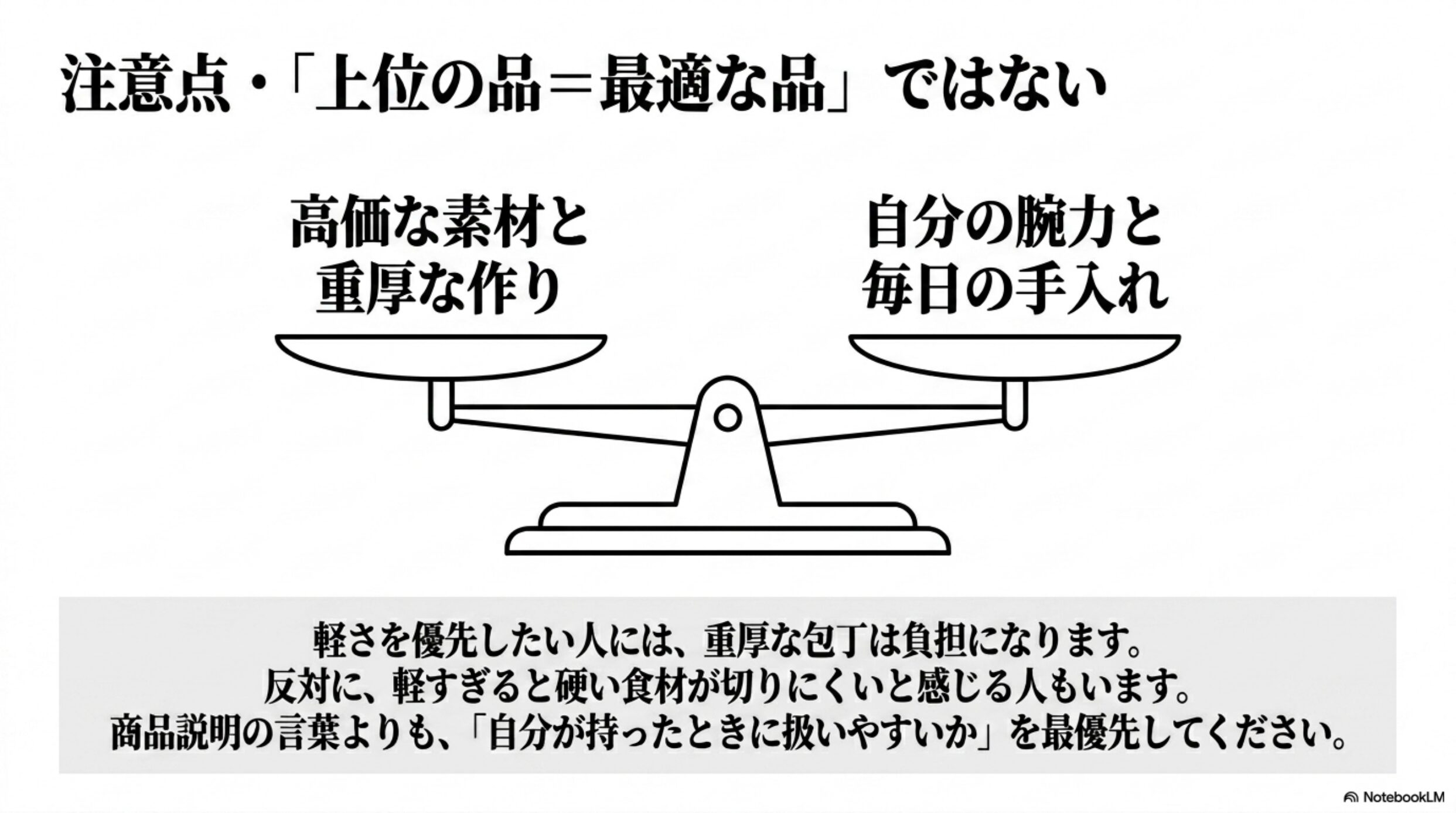 上位シリーズが最適とは限らない理由 包丁の素材や重さと使う人の腕力や手入れの相性を示す図